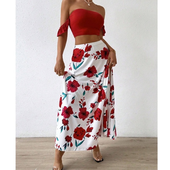 Boho Floral Print Ruffle Sleeve Crop Top Maxi Skirt set - Picture 3 of 10